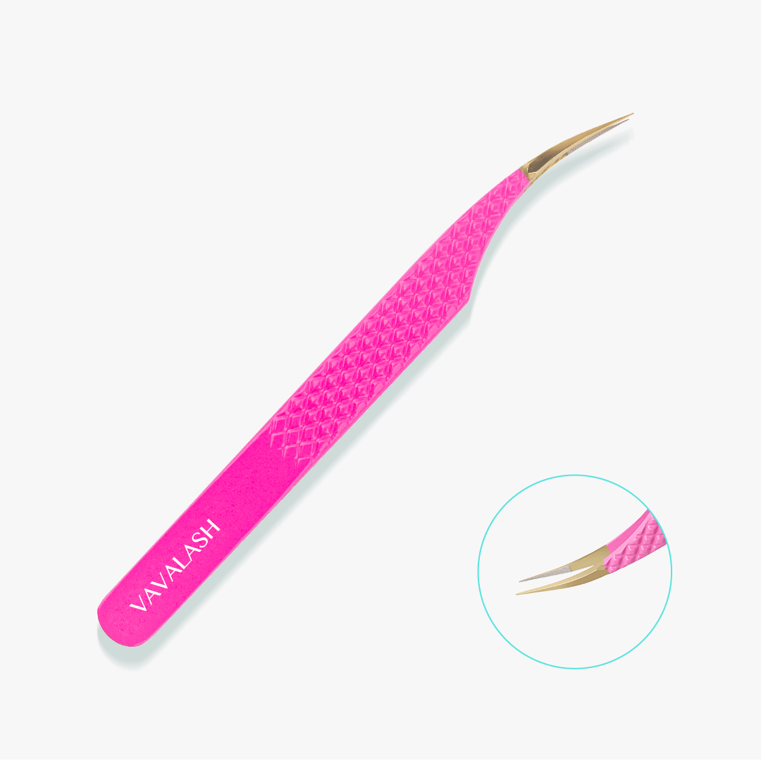 VC-06 Fiber Tip Pink Coated Curved Tweezers for Volume Eyelash Extensions